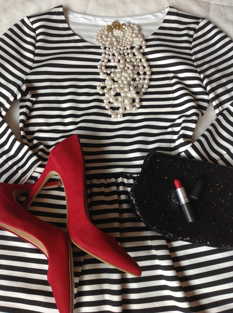 Black and White dress with red pumps and pearls