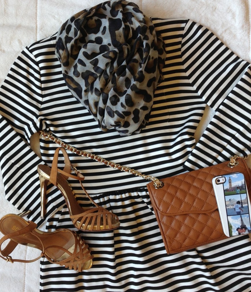 Black and white stripe dress with brown details