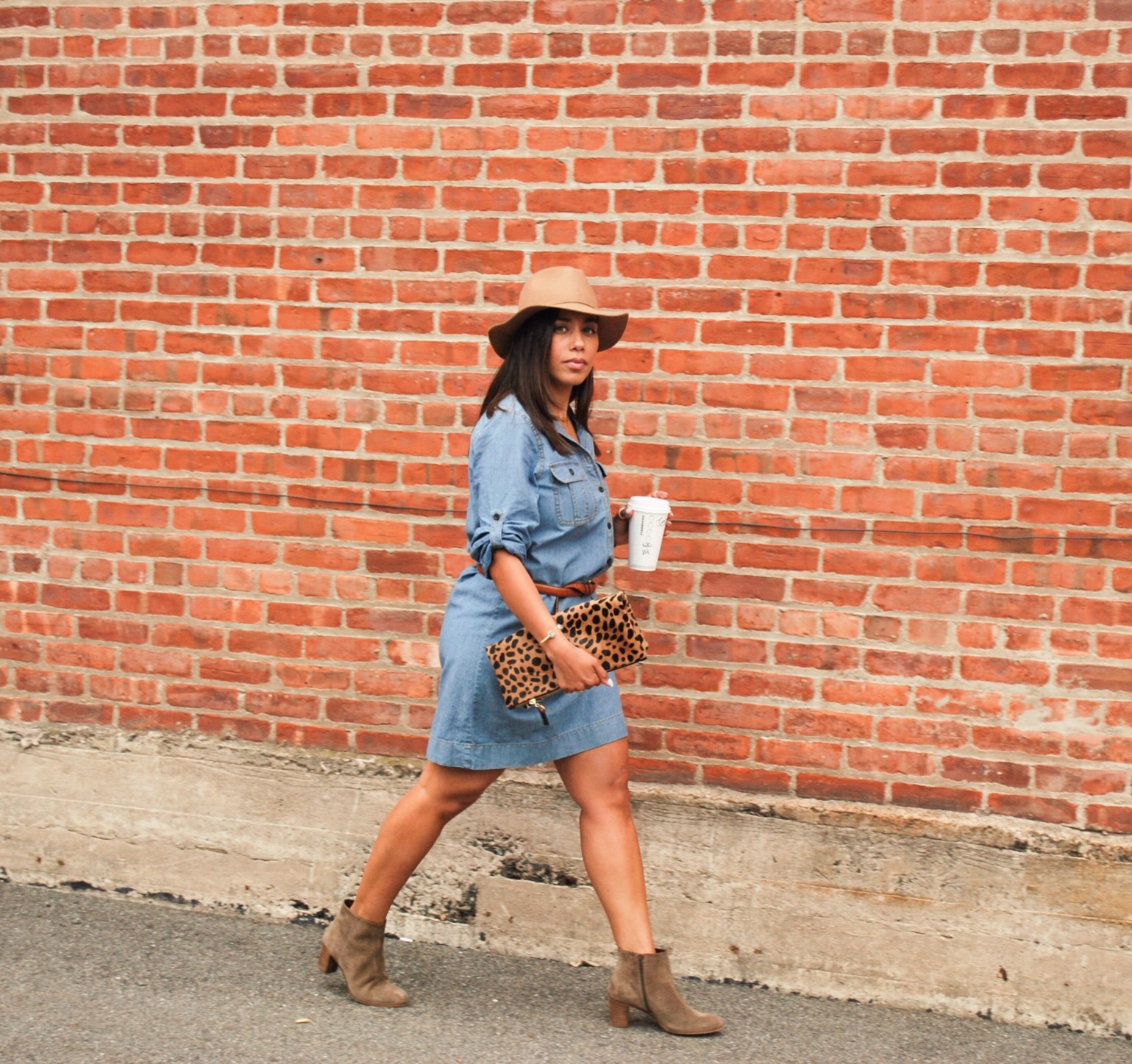 Denim shirtdress and ankle boots