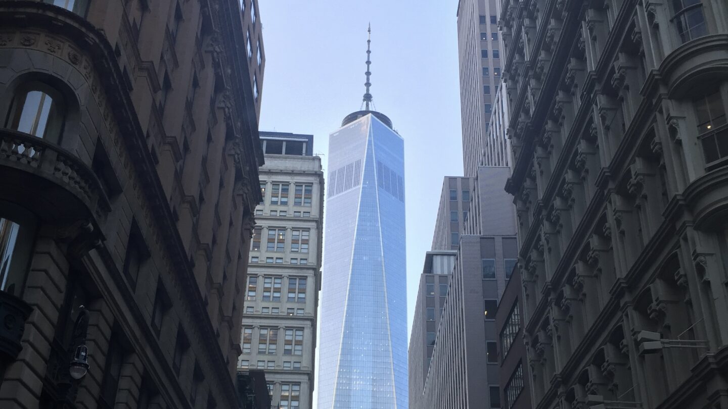 Freedom tower image between buildings from Financial Center