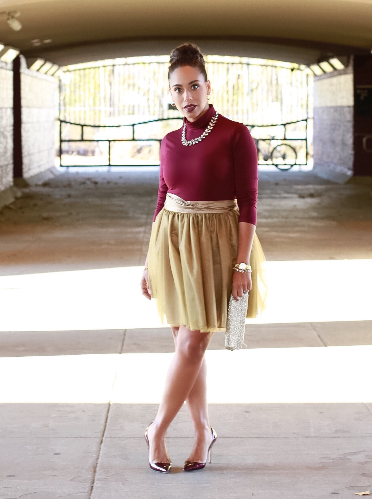 maroon and gold outfit