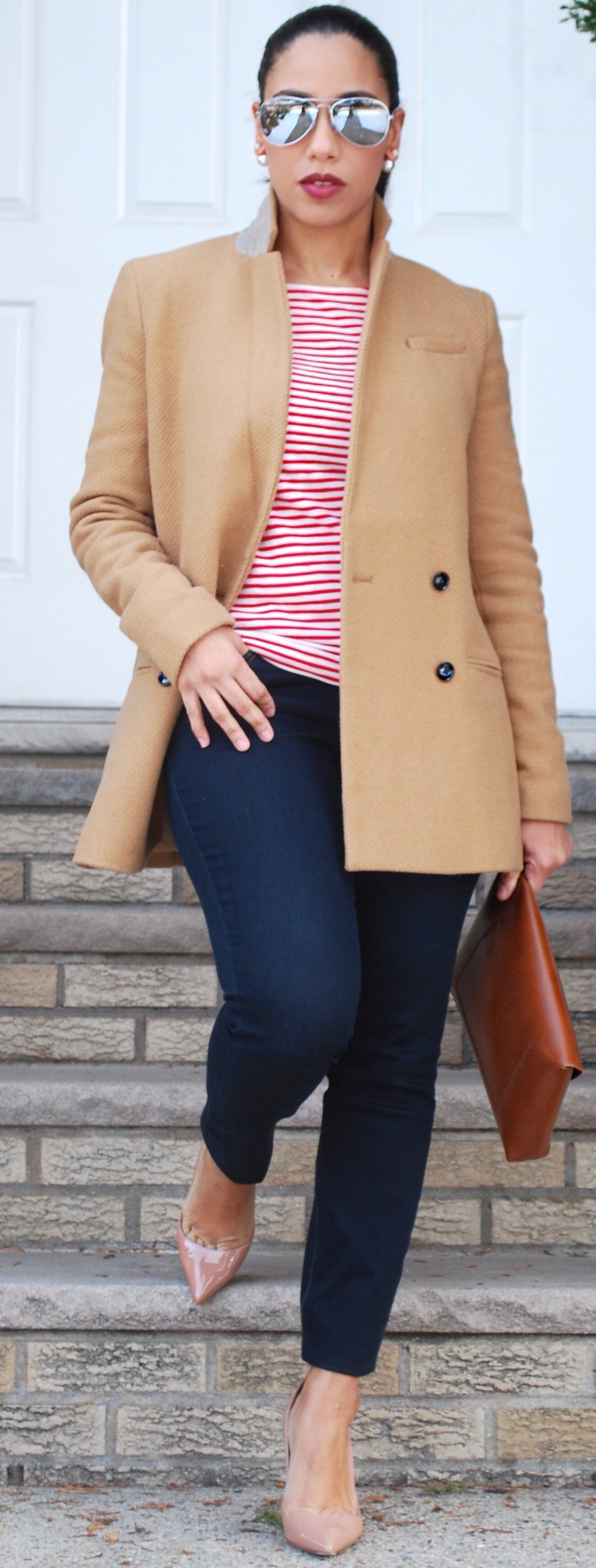 Camel blazer and red stripes