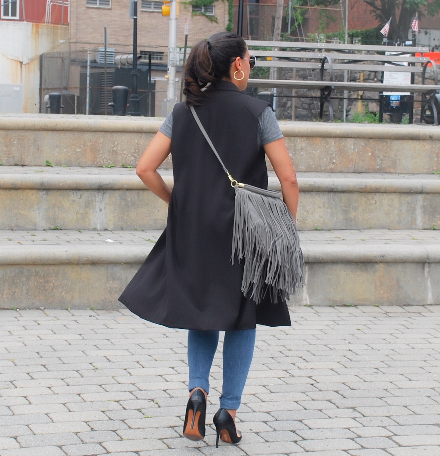 Grey Suede Fringe Bag