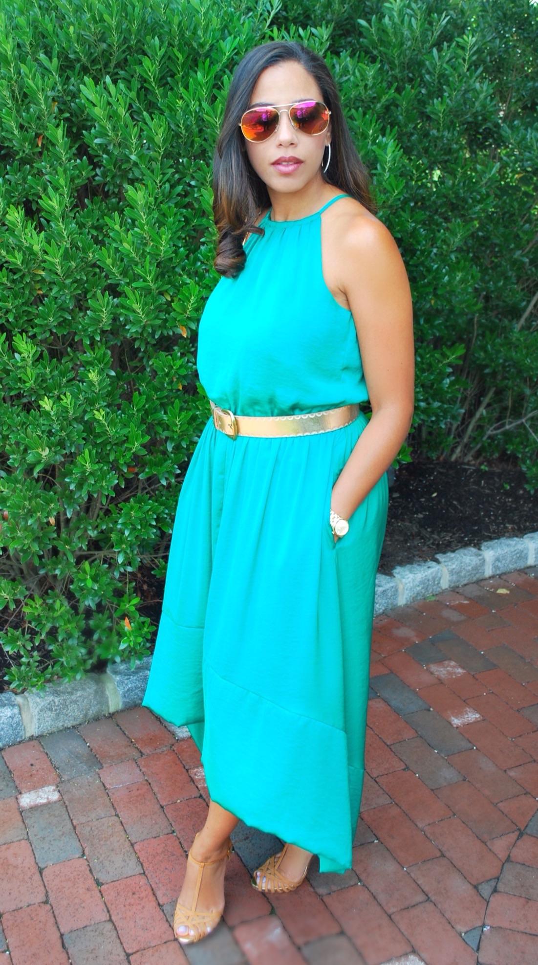 Green silk dress with gold belt