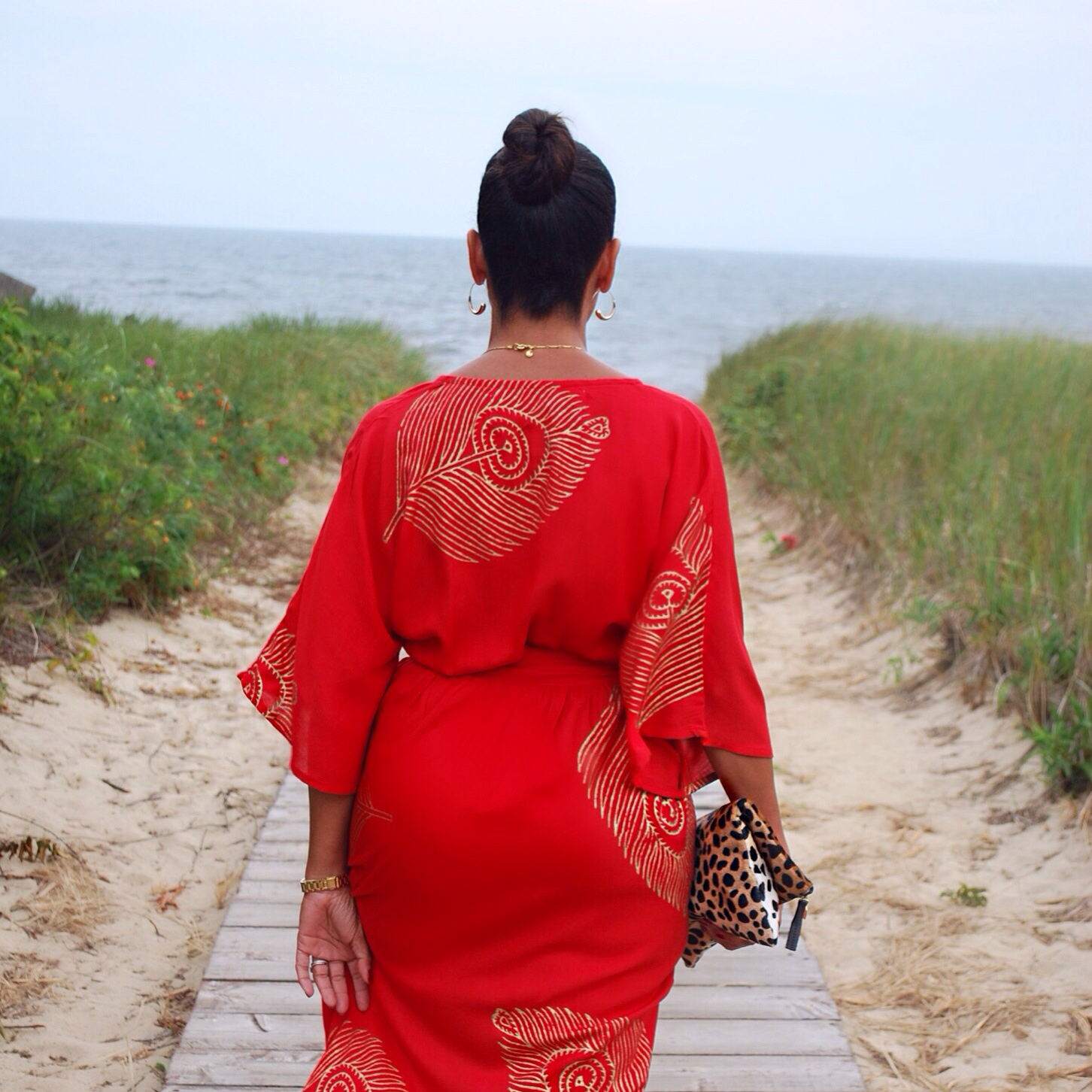 red kimono print dress