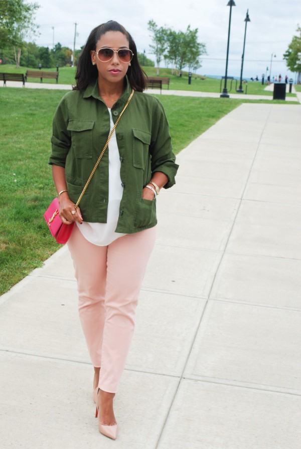 Blush dress, cute bracelets, and YSL bag