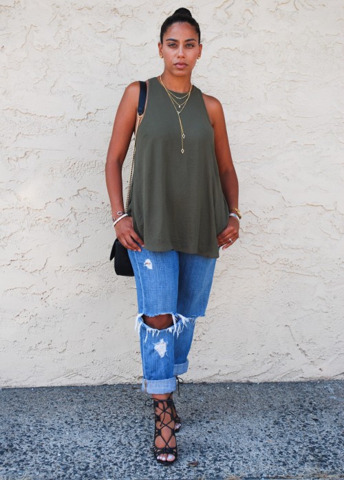 strappy heels and ripped jeans