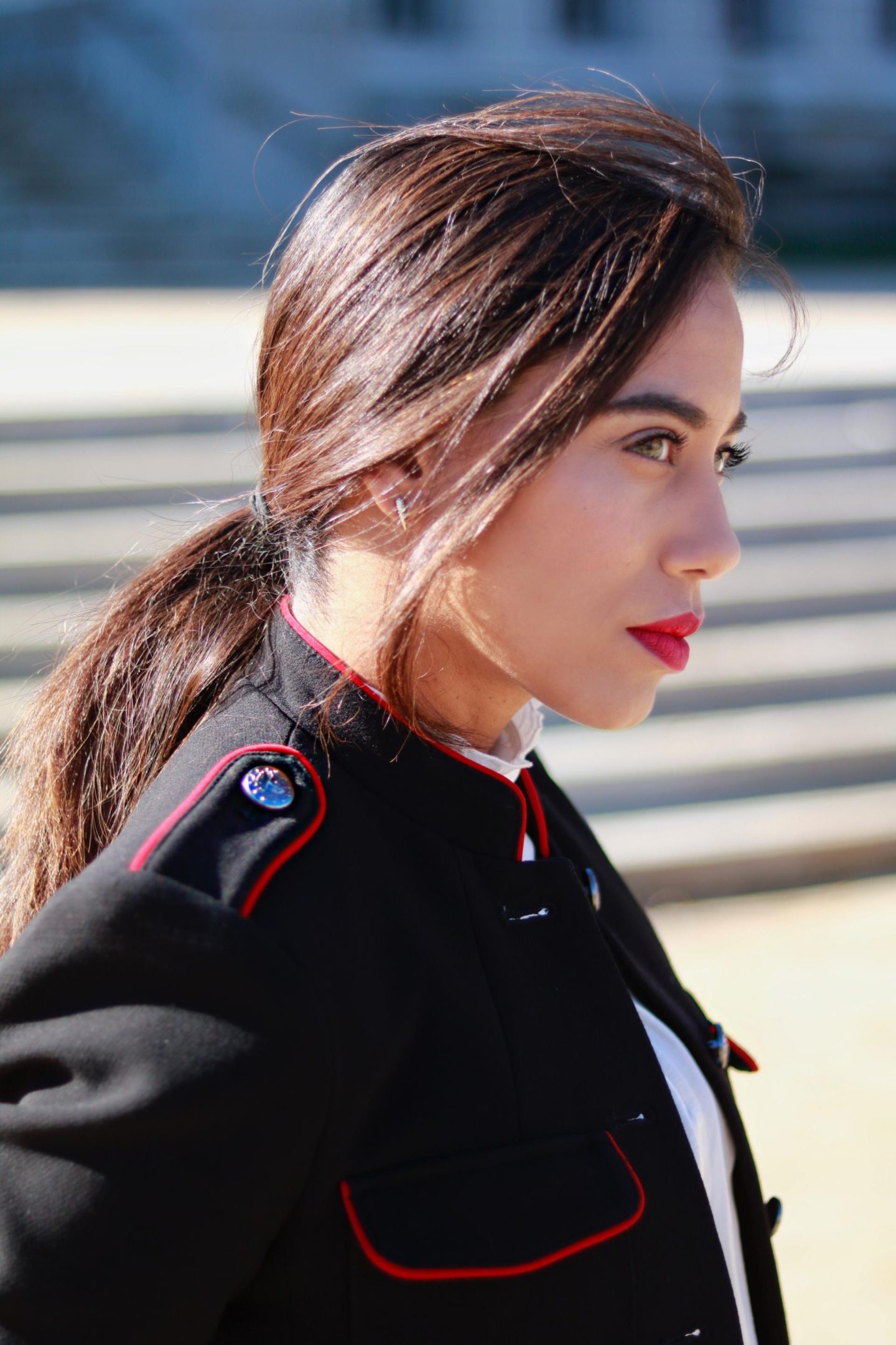 military jacket and ruffle collar