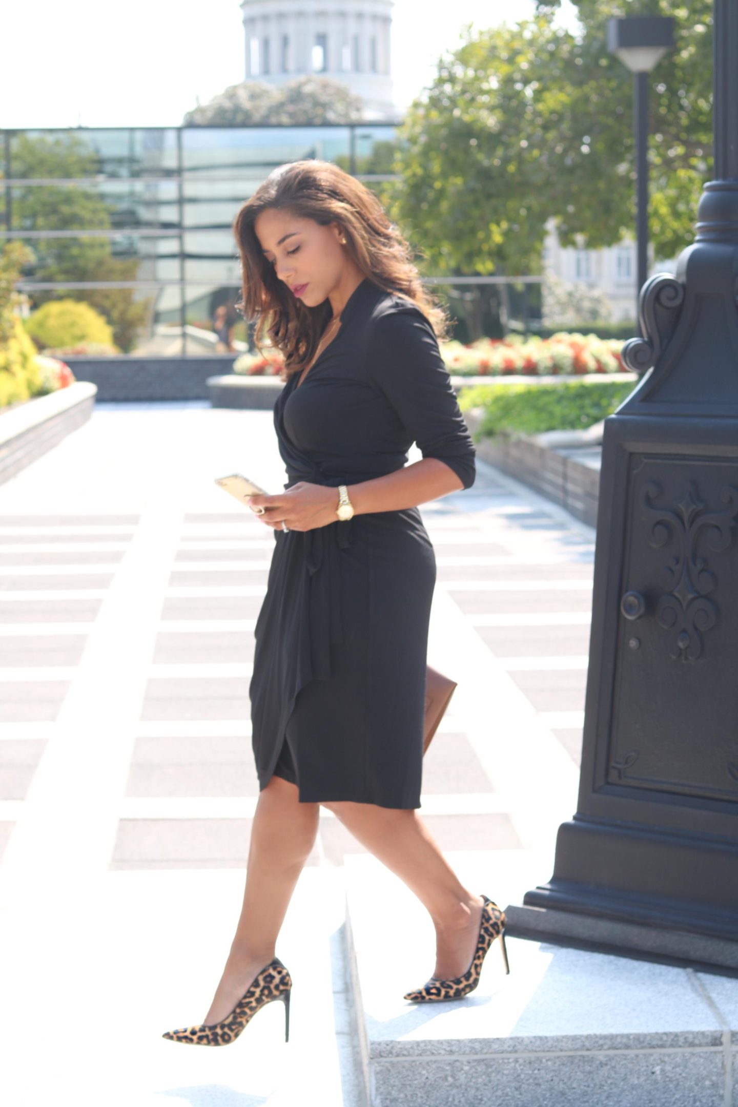 black dress with leopard heels