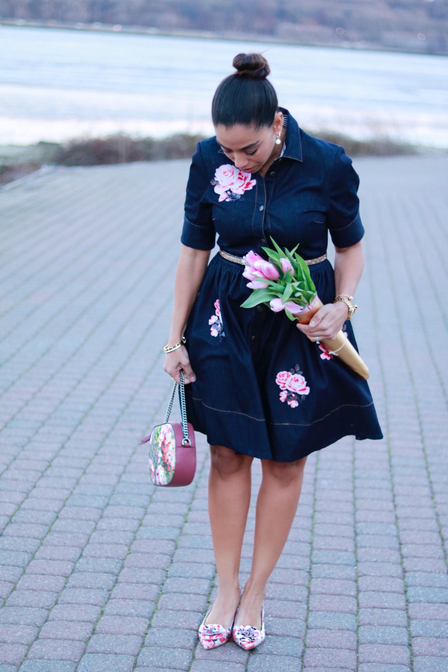 denim and floral dress